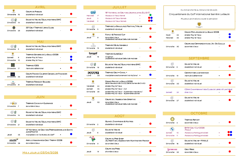 Le calendrier des compétitions 2026