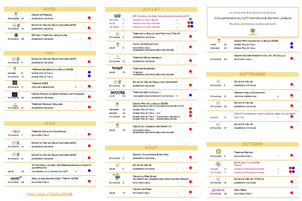 Le calendrier des compétitions 2026